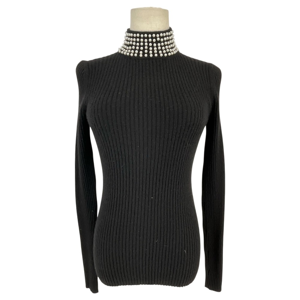 Peck & Peck Luxury Black 100% Cashmere Pearl Embellished Mock Neck Sweater Small